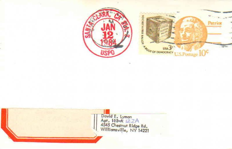 United States California Santa Clara Sta. 3 1984 red double ring  Postal Card...