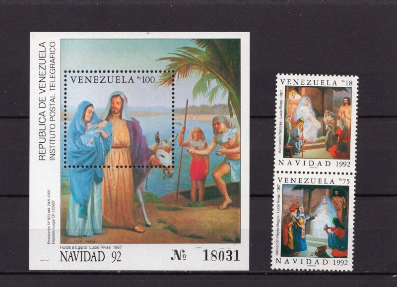 VENEZUELA 1992 CHRISTMAS PAINTINGS SET OF 2 STAMPS & S/S MNH