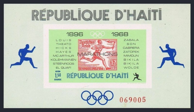 Haiti 616Q sheet,MNH.Mi Bl.36.Olympic Marathon Winners,1969.Germany #B86 stamp.