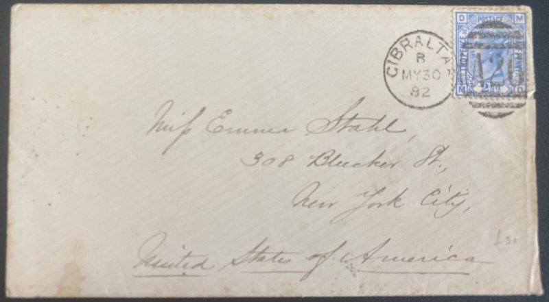 1882 Gibraltar Cover To New York USA Original Letter Enclosed