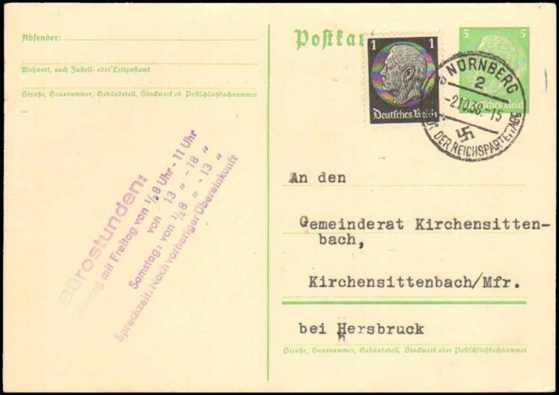 1938 GERMANY POSTAL CARD UPRATED LOCAL RATE