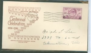 US 782 1936 3c Arkansas Statehood Centennial (single) om an addressed FDC with an Arkansas Centennial Commission cachet.