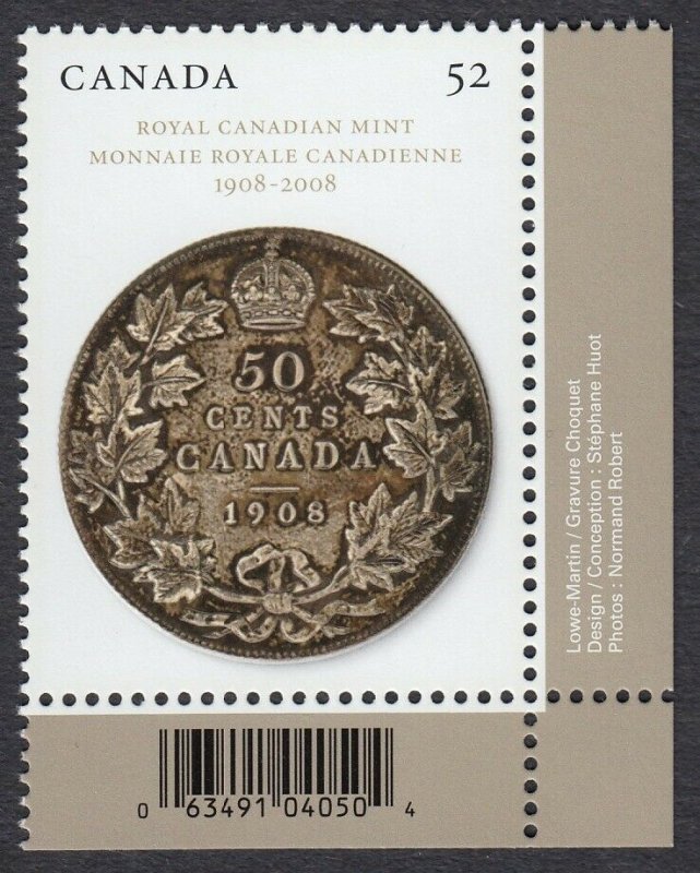 ROYAL CANADIAN MINT 100TH = LR stamp w/ BARCODE + Inscription Canada 2008 #2274