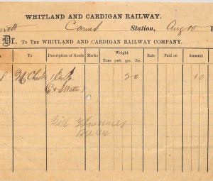 GB Wales *WHITLAND & CARDIGAN RAILWAY* Parcel 1882 Way Bill RARE Company ZR52 