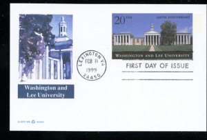 US UX302 20 cent Postal Card Washington & Lee Univ UA Fleetwood cachet FDC