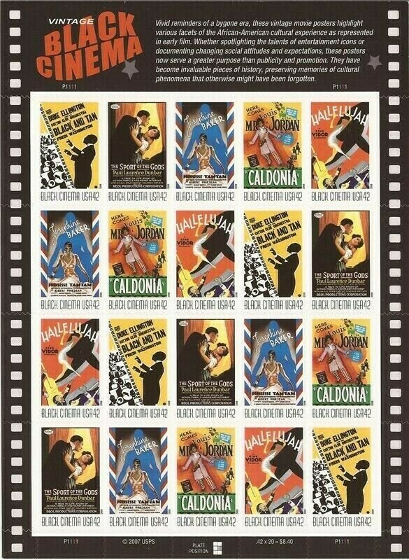 Vintage Black Cinema Sheet of Twenty 42 Cent Postage Stamps Scott 4336
