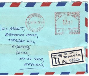 THAILAND Air Mail Cover REGISTERED METER MAIL Bangkok 1976 Devon Bideford MA425