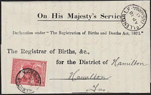 TASMANIA 1913 Birth notice ELLENDALE to Hamilton with T perfin 1d...........5692