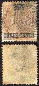 Straits Settlements SG3 3c on 1a Deep Brown used Perf Faults Cat 95  pounds