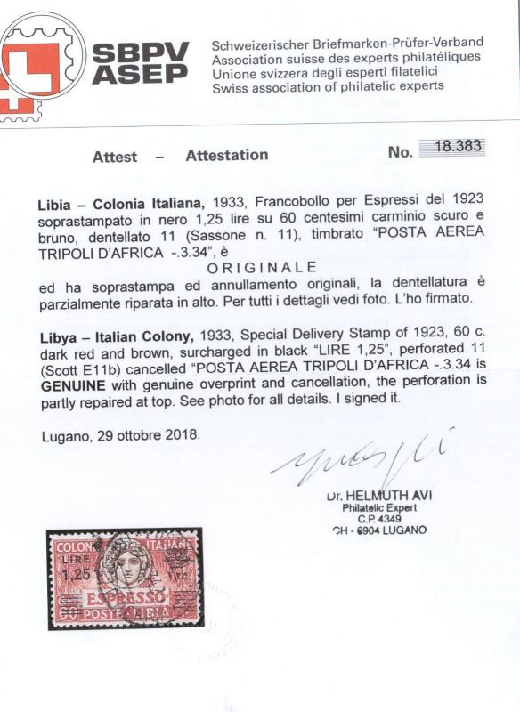 Libya #E11b (Sassone #E11 30000 Euros) Very Fine Used 1.25 Lire Black Surcharge