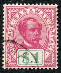 Sarawak SG47 One Dollar Rose-carmine and green Cat 130 pounds