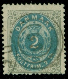 DENMARK #16v (20b) 2sk Prussian Blue, used, F/VF, Facit $175.00