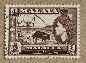 Malacca 1957 4c Rice Field and water buffalo, used. Scott 47, CV $0.25