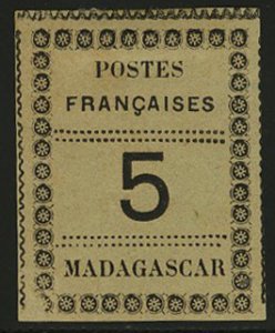 French Colonies, Madagascar #8 Cat$165, 1891 5c black, without gum as issued,...