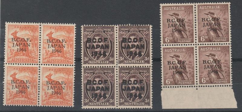 BCOF JAPAN AUSTRALIA 1946 1/2D 3D AND 6D BLOCKS */**