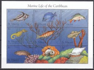 St. Vincent, Scott cat. 2334 a-i. Marine Life of the Caribbean. sheet of 9.