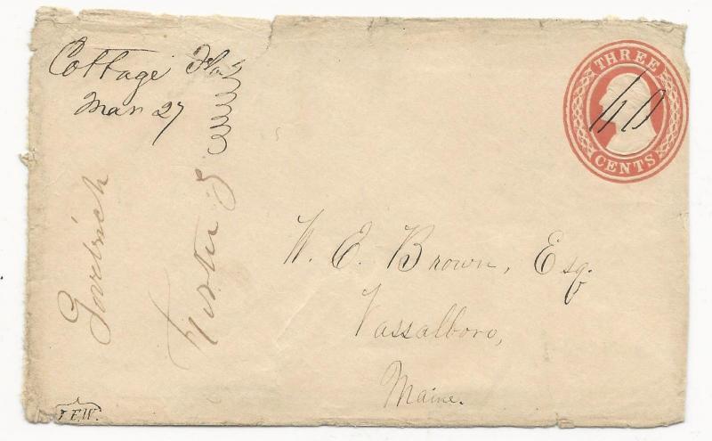 US POSTAL STATIONERY COVER Rare Town Cottage, FL March 27, 1860 Manuscript 60 