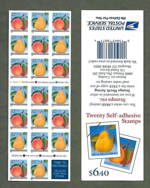   2494a.  Peach & Pear,  V12211.  Pane of 20.  MNH  32¢.  Issued in 1995.