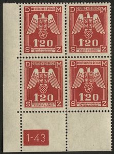 CZECHOSLOVAKIA Bohemia & Moravia 1941 Sc O19  1.20k VF Mint MNH Block, Birds
