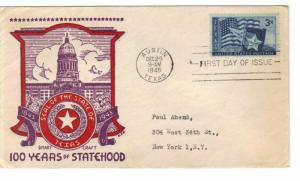 US 938 (Me-5) 3c Texas Statehood FDC Smartcraft Cachet ECV $27.50