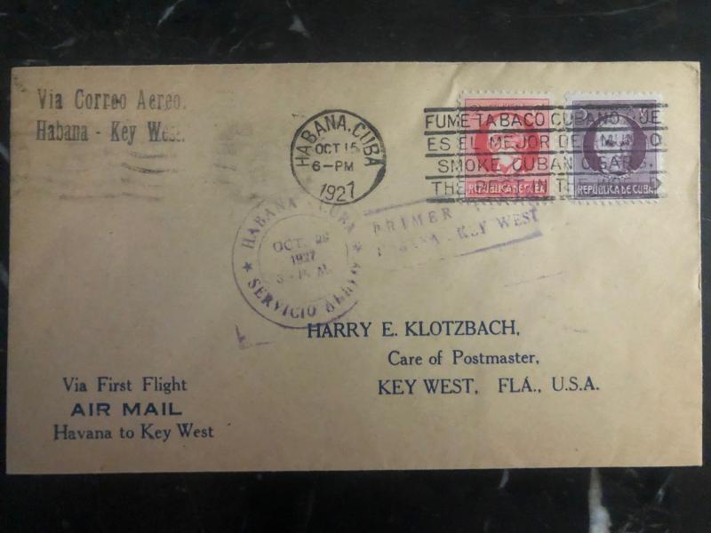 1927 Habana Cuba First Flight airmail cover FFC to Key West FL USA slogan cancel