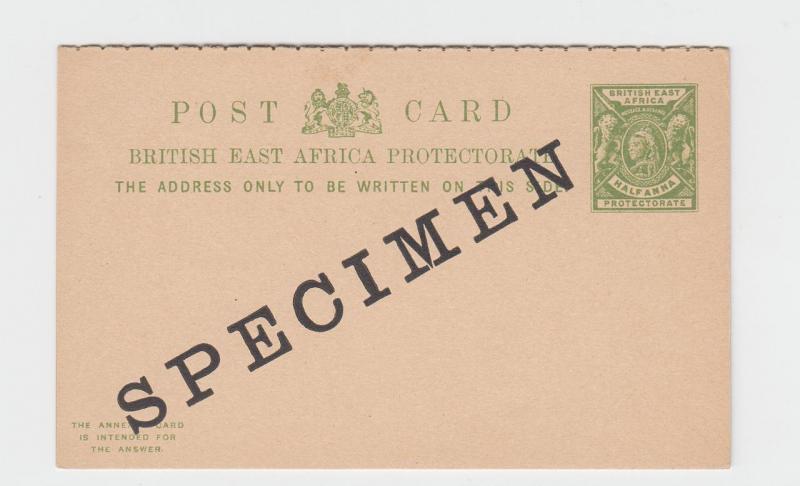 BRITISH EAST AFRICA, QV  ½a SPECIMEN REPLY PAID CARD H&G#9 (SEE BELOW)