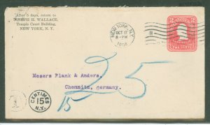 US U89 Postmarked New York to Germany 3cent shortpaid with postage due marking 15 Centimes at lower left-Chemnitz Receiver on ba