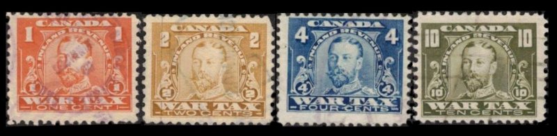 CANADA REVENUE 1920 KING GV SET / LOT 4  WAR TAX STAMPS # FWT7 FWT8 FWT10 FWT13