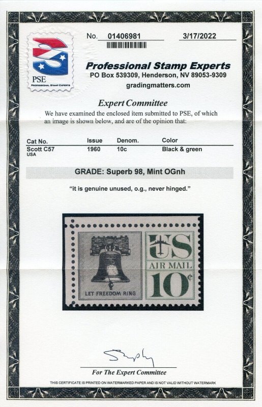 US SCOTT #C57 MINT-SUPERB-OG-NH GRADED 98 W/ PSE CERT SMQ $60 (7/12/23 GP)