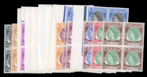 Malayan States - Malacca #29-44 Cat$305, 1954-55 QEII, complete set in blocks...