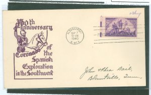 US 898 3c 400th anniversary of the Spanish Exploration of the Southwest (Coronado) single on an addressed FDC with a cachet by a