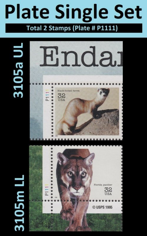 US 3105a 3105m Endangered Species 32c plate single set 2 P1111 MNH 1996