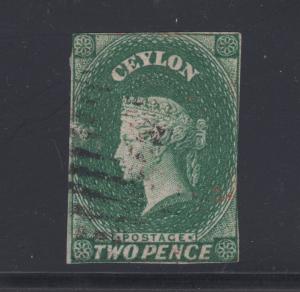 Ceylon Sc 4 used. 1857 2p deep green Queen Victoria, imperf