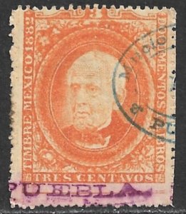 MEXICO REVENUES 1882 3c LAID PAPER DOCUMENTARY TAX PUEBLA Control Used DO76