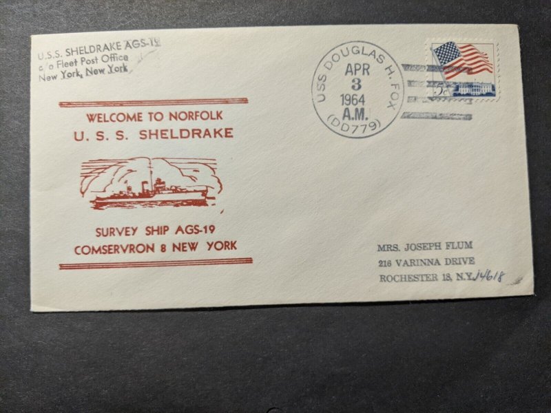 USS SHELDRAKE AGS-19 Naval Cover 1964 Cachet USS DOUGLAS H. FOX DD-779