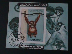 ​AJMAN-1972 BEAUTIFUL LOVELY MONKIES-CTO IMPERF-S/S VERY FINE-FANCY CANCEL