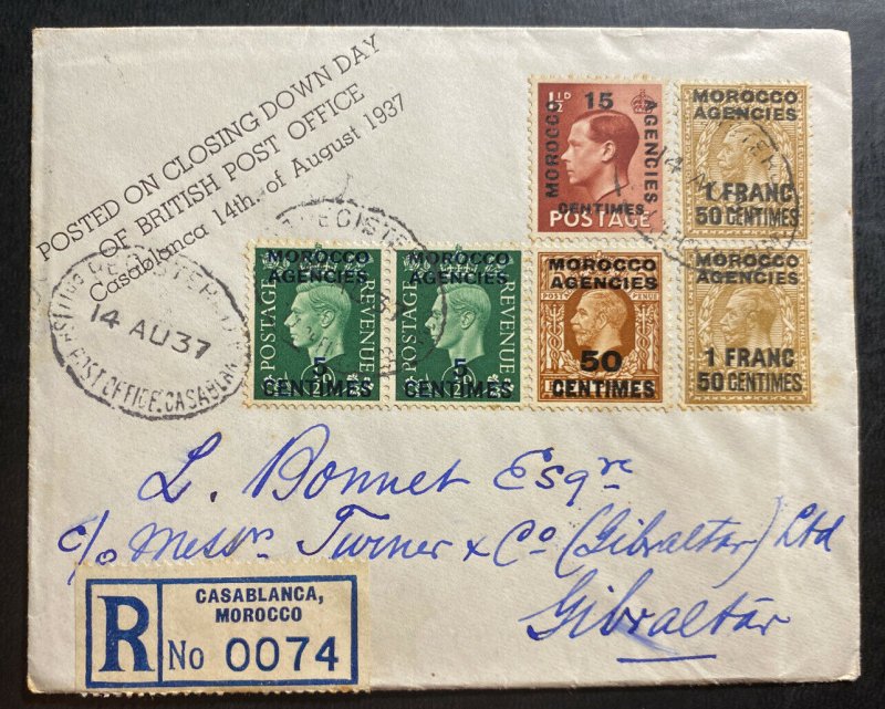 1937 Casablanca Morocco British Agencies Posted Closing Day Cover To Gibraltar