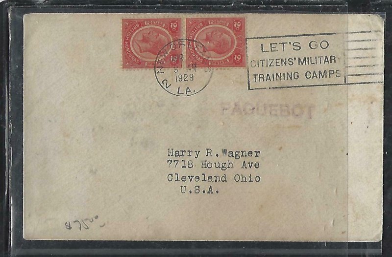 BRITISH HONDURAS  (P2808B) 1929 KGV 2CX2 COVER PAQUEBOT NEW ORLEANS TO USA