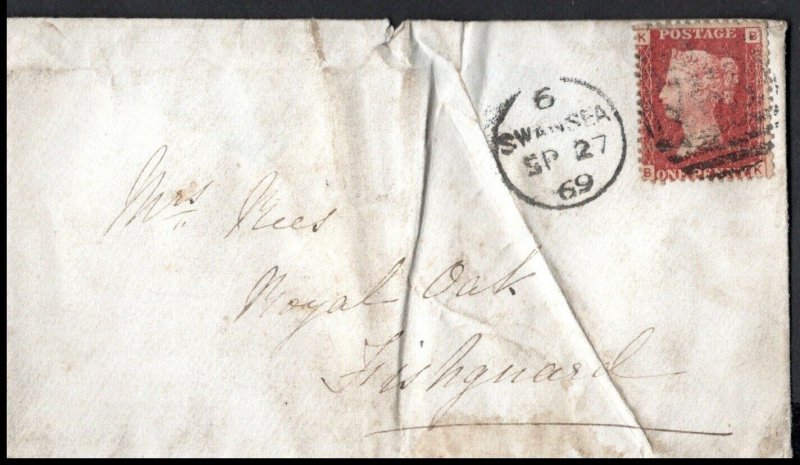 1869 QV 1d Red BK Plate 109 Swansea Duplex to Fishguard