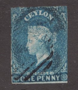 1857 Ceylon Sc# 1 (blue paper) - One Penny - Queen Victoria - Used - Cv$500