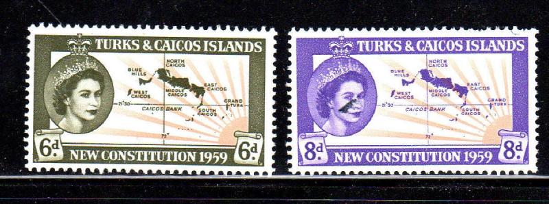 TURKS & CAICOS ISLANDS #136-137  1959  NEW CONSTITUTION    MINT VF NH O.G