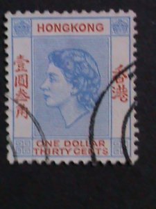 ​HONG KONG-1960 SC#195- 62 YEARS OLD-QUEEN ELIZABETH II $1.30-FANCY CANCEL-VF
