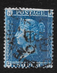 GB QV, 1869 SG45, 2d BLUE, Thick Lines,  PLATE 7 (GH)    Good Used,