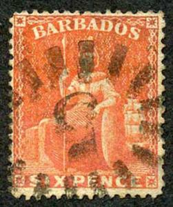 Barbados SG60 6d Orange vermilion Wmk Small Star Clean Cut Perf 14.5 to 15.5