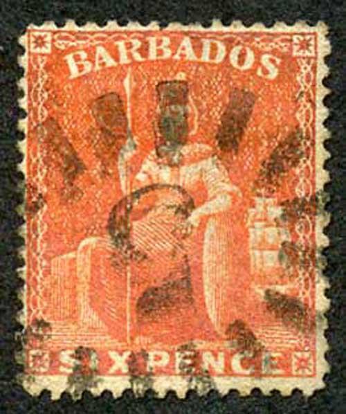 Barbados SG60 6d Orange vermilion Wmk Small Star Clean Cut Perf 14.5 to 15.5