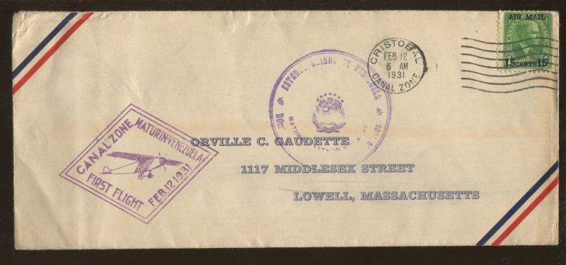 1931 Cristobal Canal Zone to Maturin Venezuela First Flight Air Mail Cover