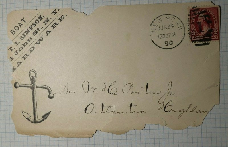 US Ad Cover 1890 Boat Hardware Anchor NY Sc# 214D Used On Piece