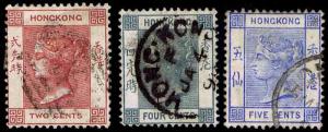 1882-1902 HONG KONG #36b, 38 & 40 - QV WTMK 2 - USED - VF - CV $7.00 (ESP#1592)