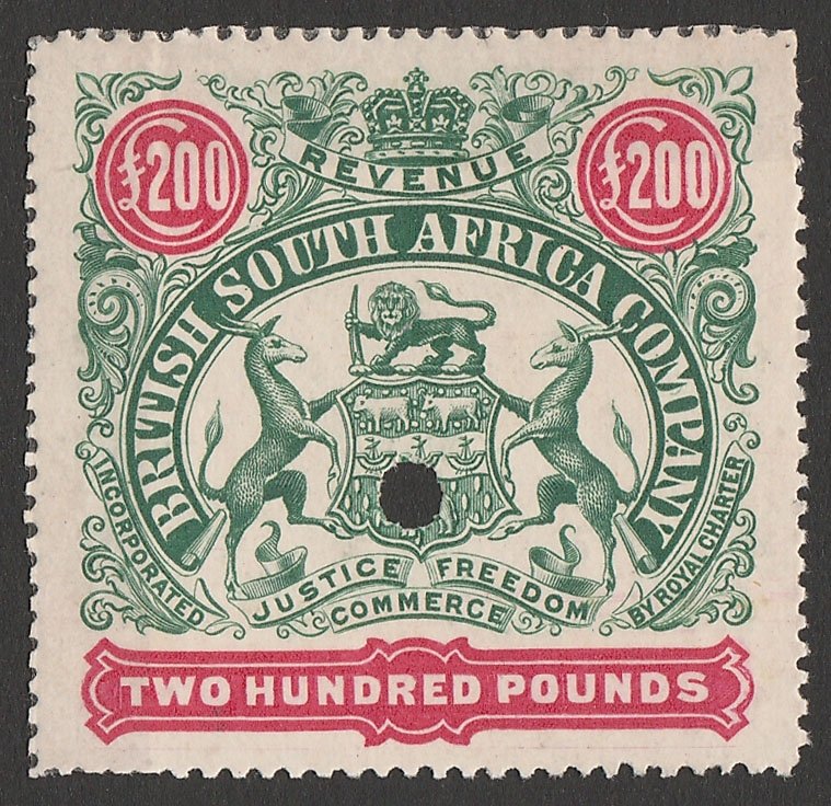 RHODESIA 1897 Arms Revenue £200 proof, perf 15. 1 sheet recorded. RARE! 
