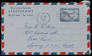 PAPUA NEW GUINEA 1959 Aerogram 10d blue with 3 lines of text at left. to Sydney.